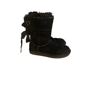 Koolaburra By UGG Womens Black Suede Mid-Calf Boots W/ Bows & Shearling Lining S
